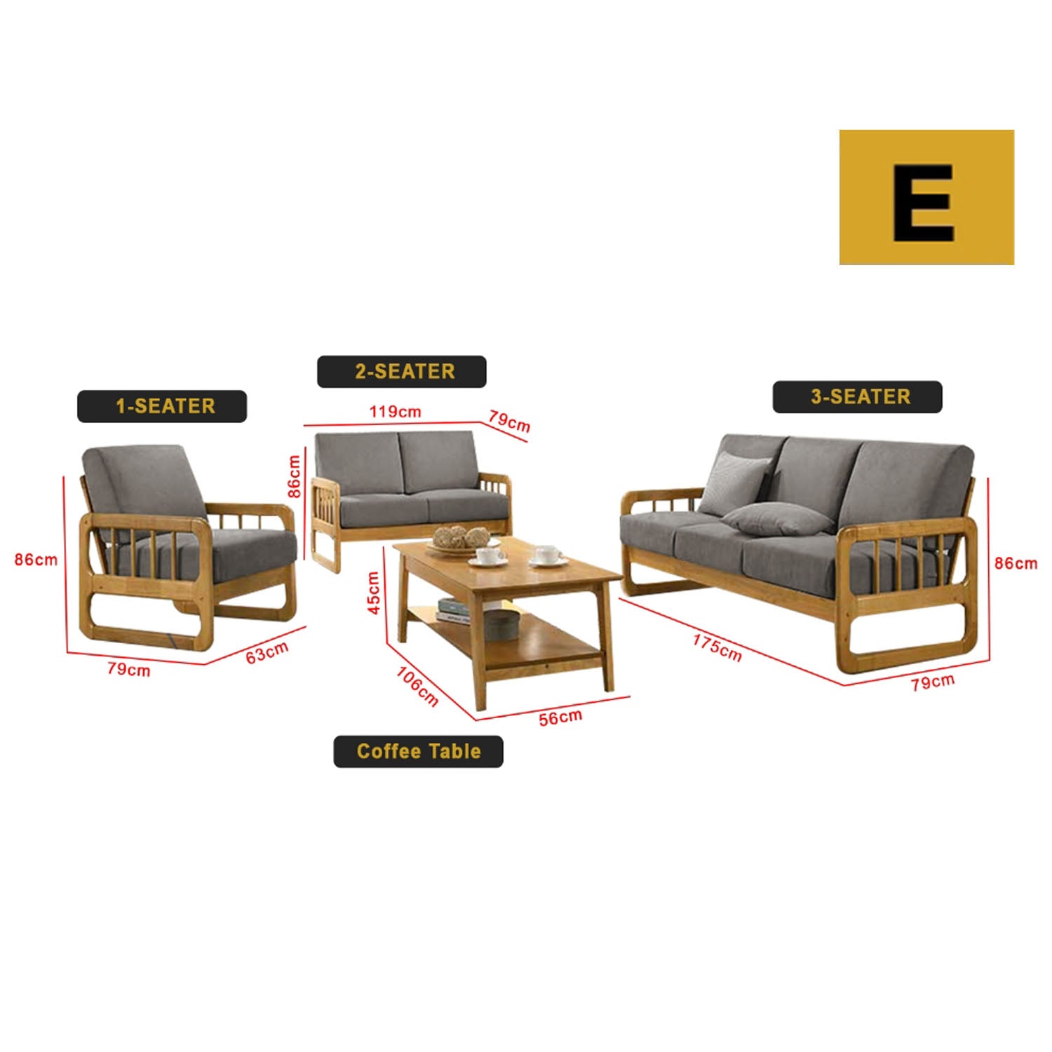 Frida Series 1,2,3 Seater Sofa Set Solid Wood Living Room Furnitures in Grey