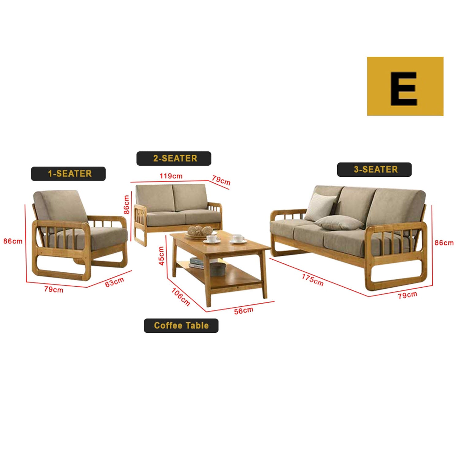 Frida Series 1,2,3 Seater Sofa Set Solid Wood Living Room Furnitures in Light Brown