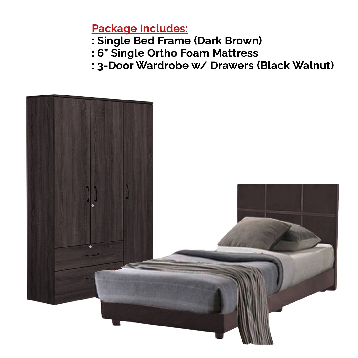 Toluca Bedroom Set Series 3 Includes Wardrobe/Bed Frame/Mattress In Single And Super Single Size.Free Installation