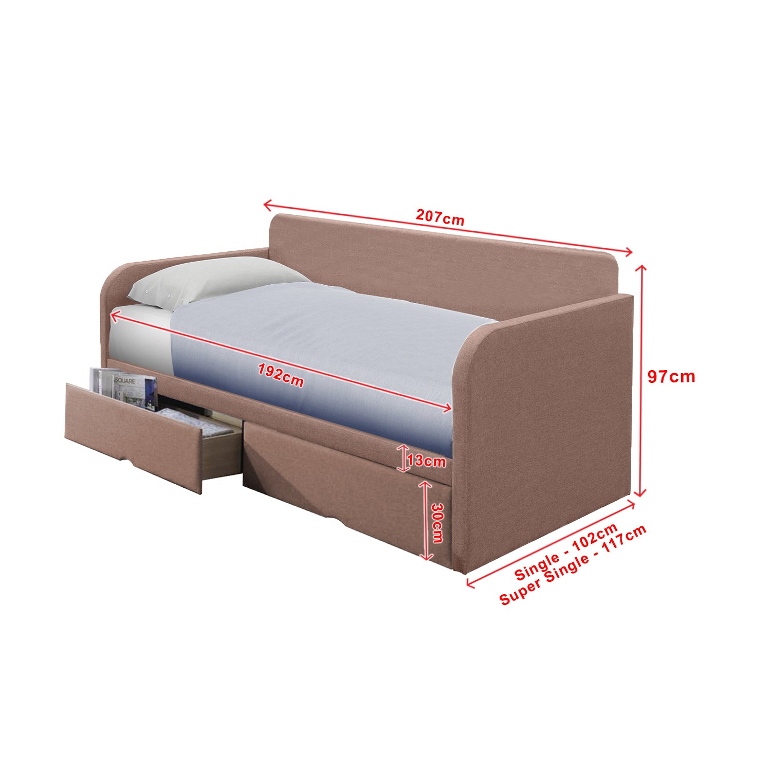 Korro Series Model F Daybed with Drawers - Pet-Friendly Option with Mattress - 56 Colours