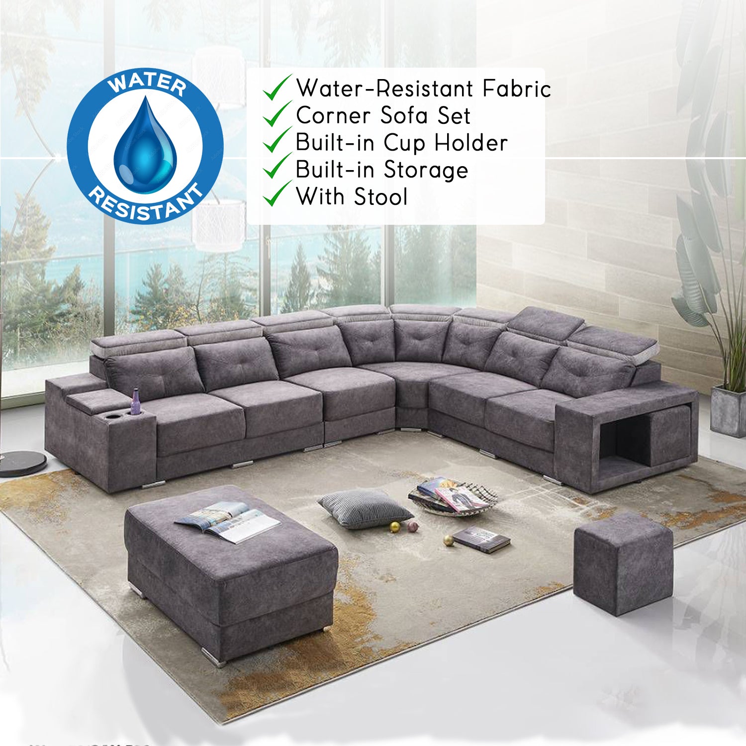 Gisela Corner Set Sofa Water Resistant Fabric in Grey Colour