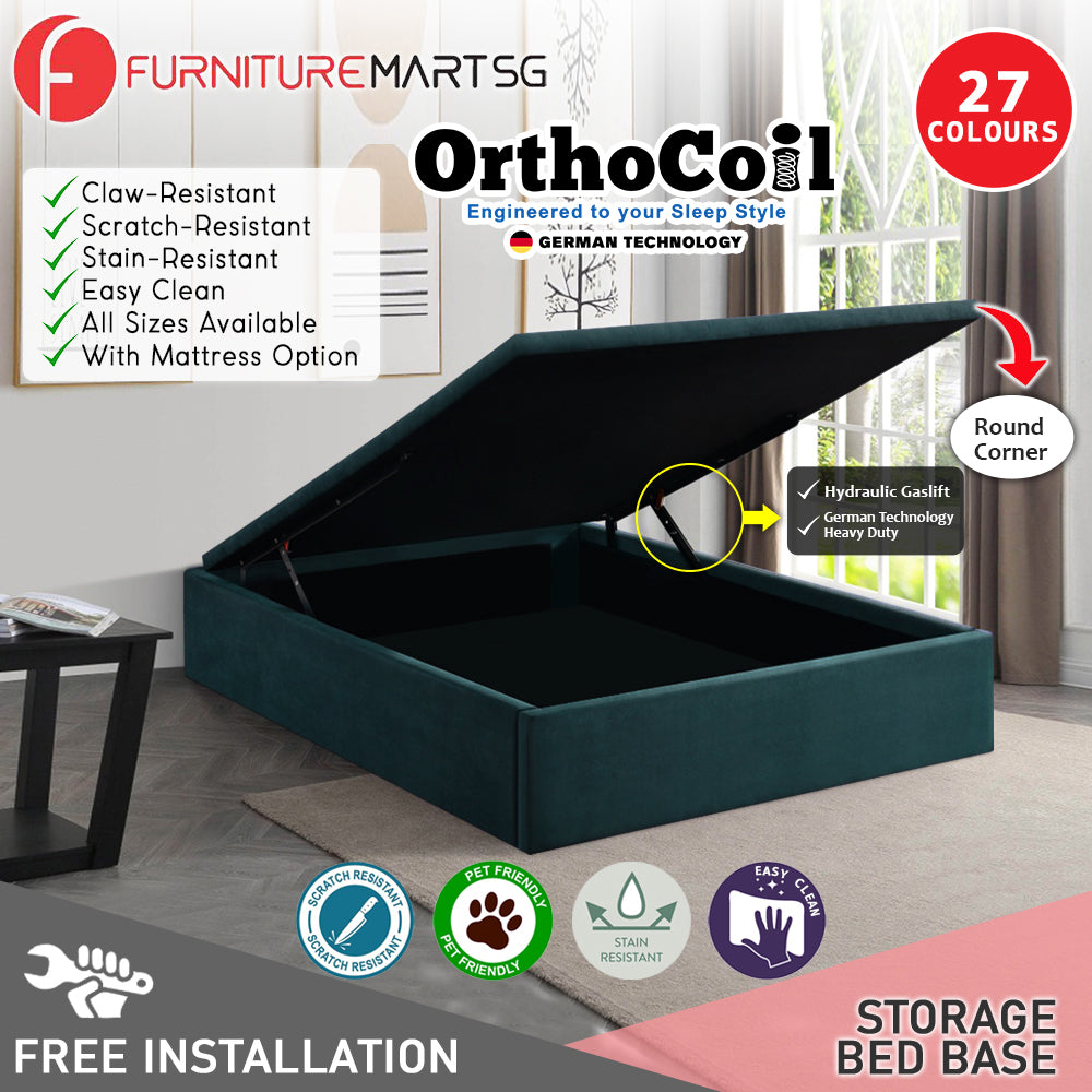 OrthoCoil 12"/14"/16" Depth Storage Bed Base Pet Friendly Scratch-Resistant Fabric - With Mattress Add-On