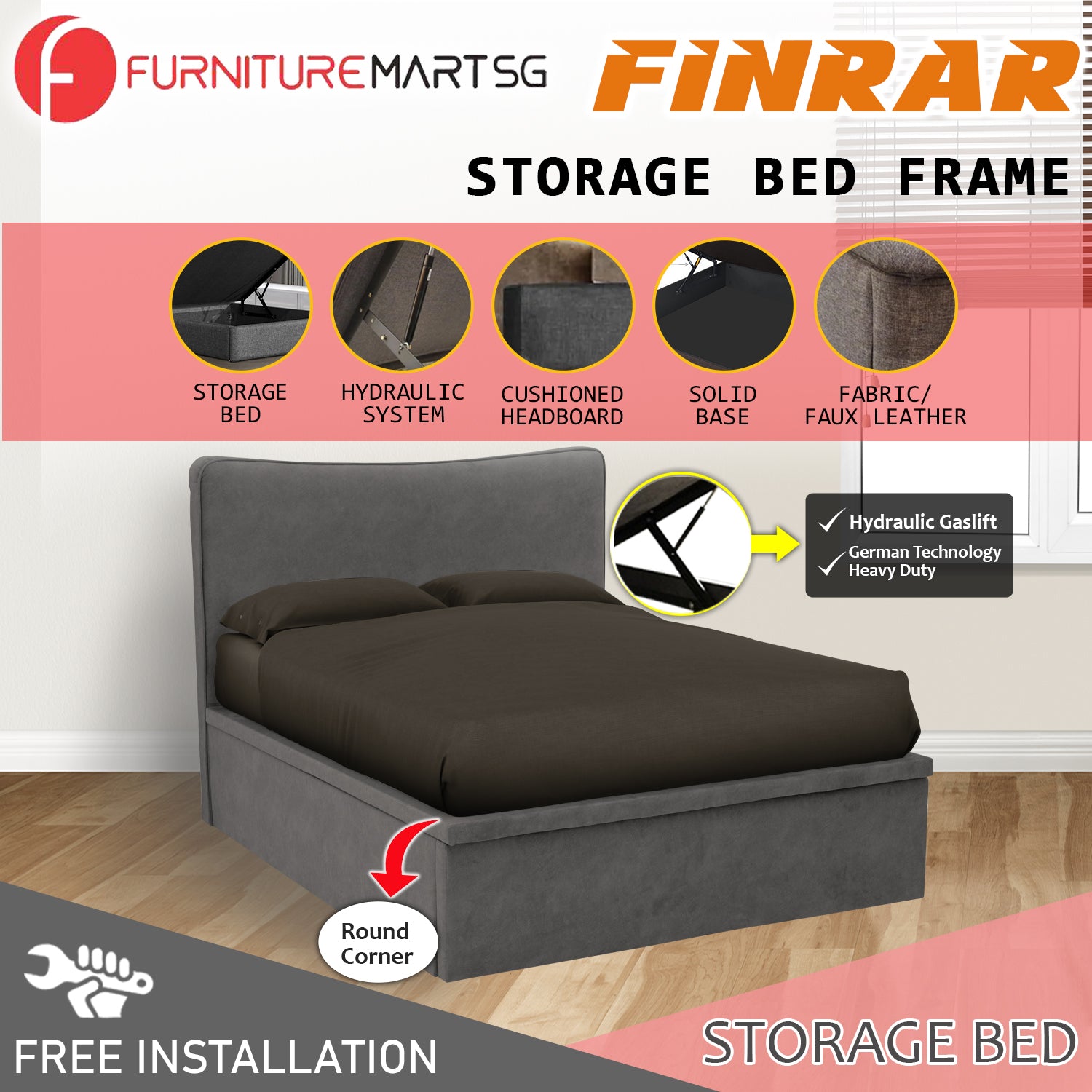 OrthoCoil Finrar 12" SBD Storage Bed Frame Fabric/Faux Leather in 3 Colours - With Mattress Option