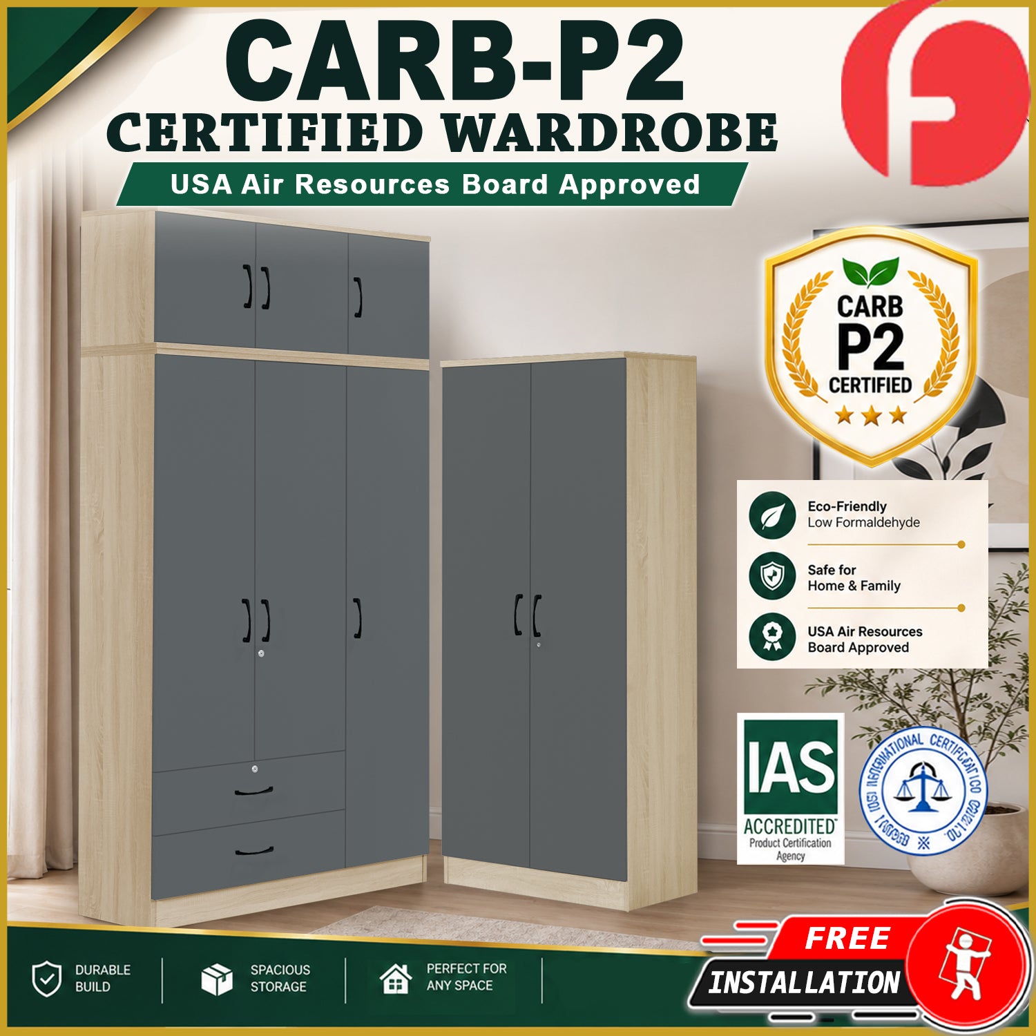 Florence CARB-P2 Certified Board 1-5 Doors Tall Wardrobe with Drawers and Top Cabinet