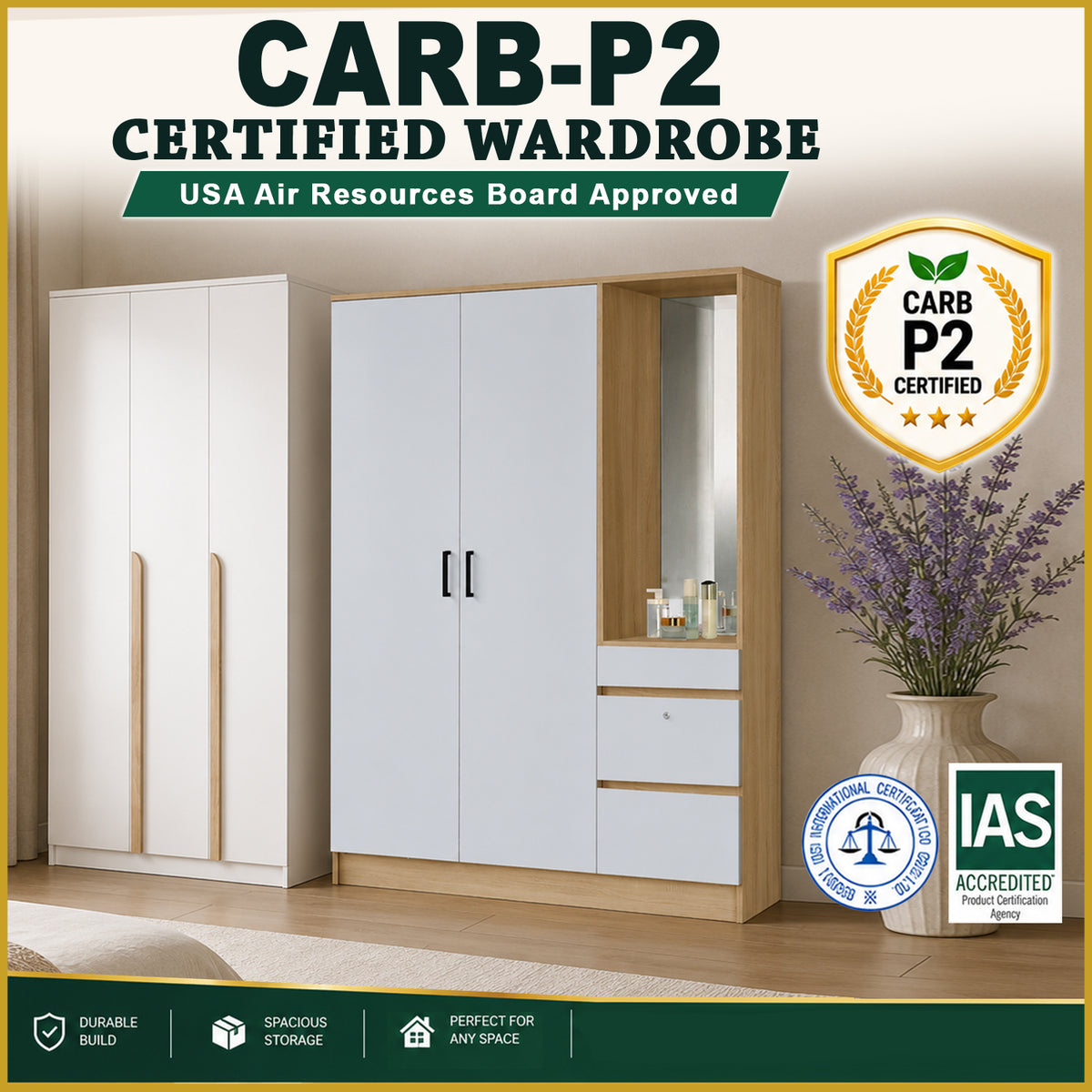 Wrilie CARB-P2 Certified Board Scratch Resistant Wardrobe 2/3 Doors With Drawers