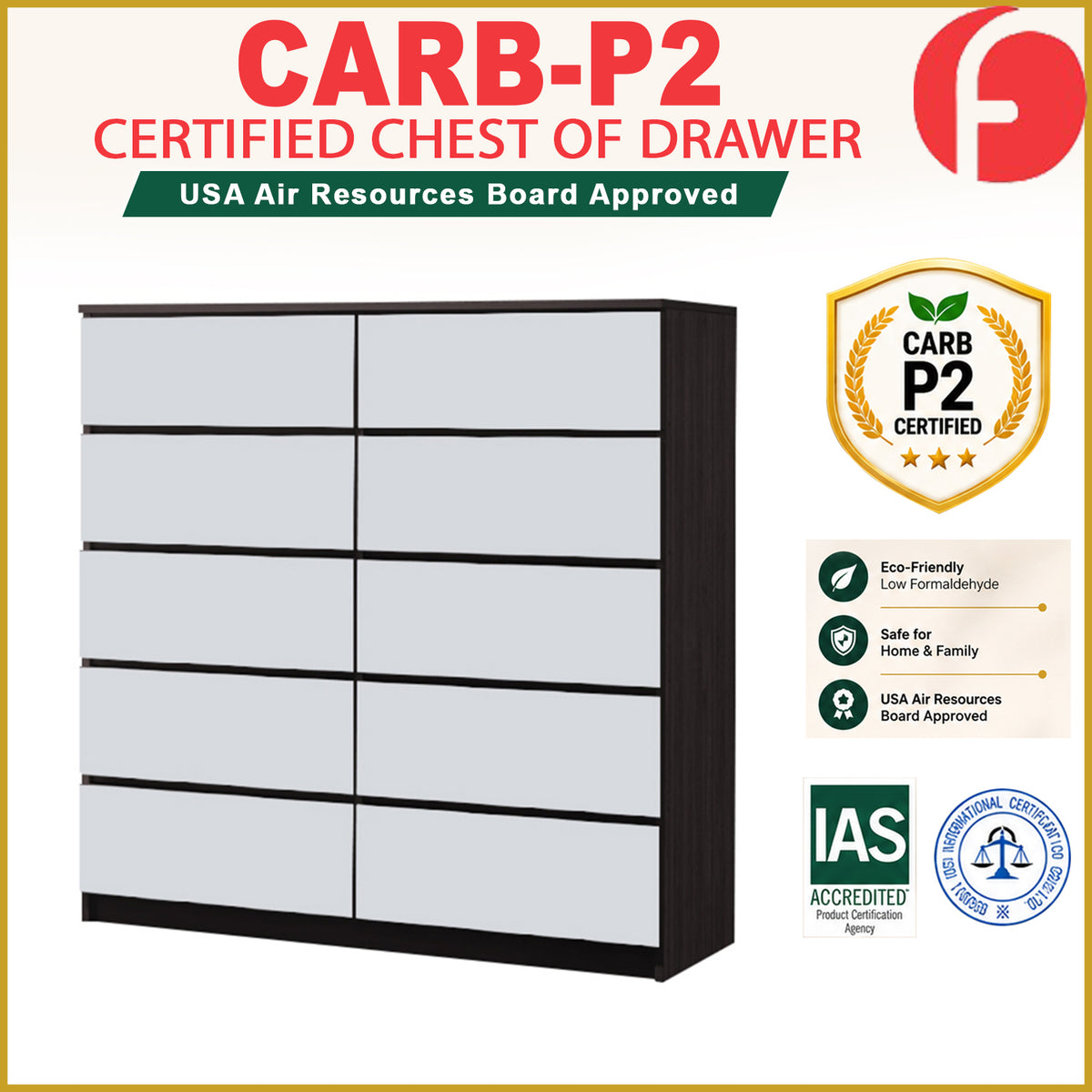 Ignos 10 Drawers CARB-P2 Certified Board Chest of Drawers Full Laminated Back Panel