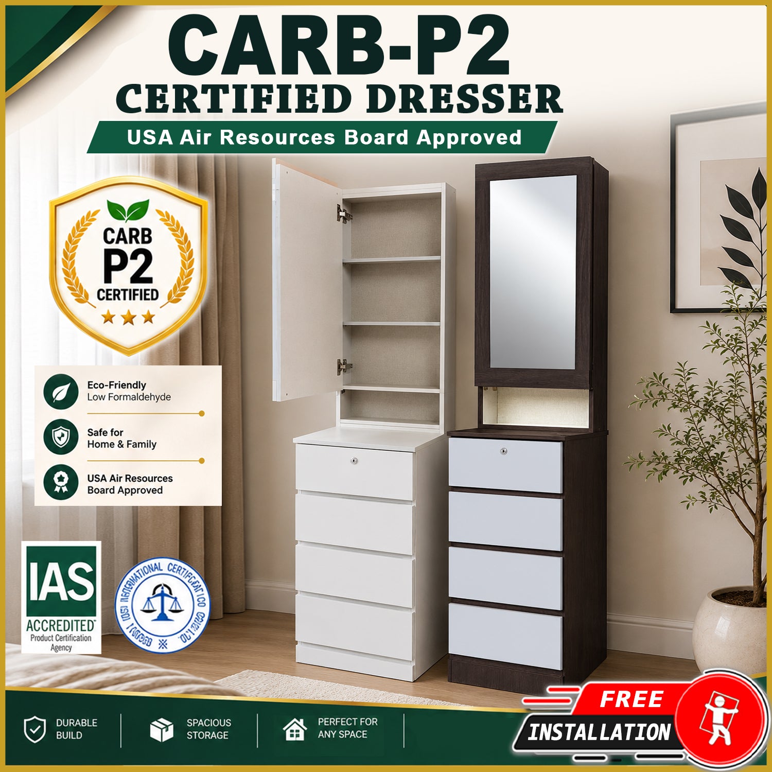 Welsh CARB-P2 Certified Board Dressing Table Smooth Gliding Drawer Dresser 6 Colours