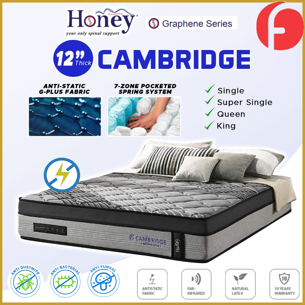 Honey Cambridge 12" Graphene Series 7-Zone Pocket Spring Anti-Static Mattress - All Sizes