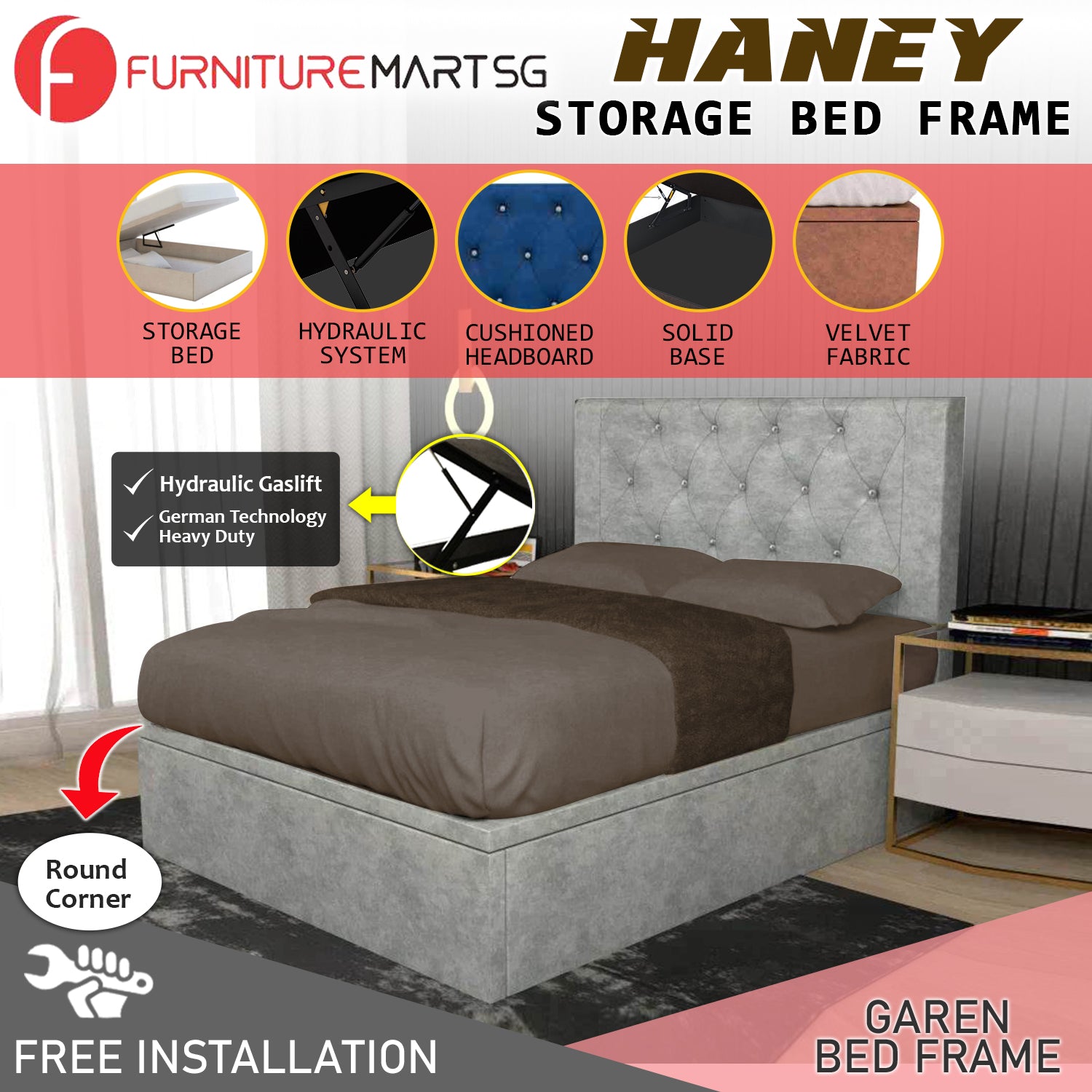 OrthoCoil Haney 16" SBD Storage Bed Velvet Fabric in 3 Colours - With Mattress Add-On