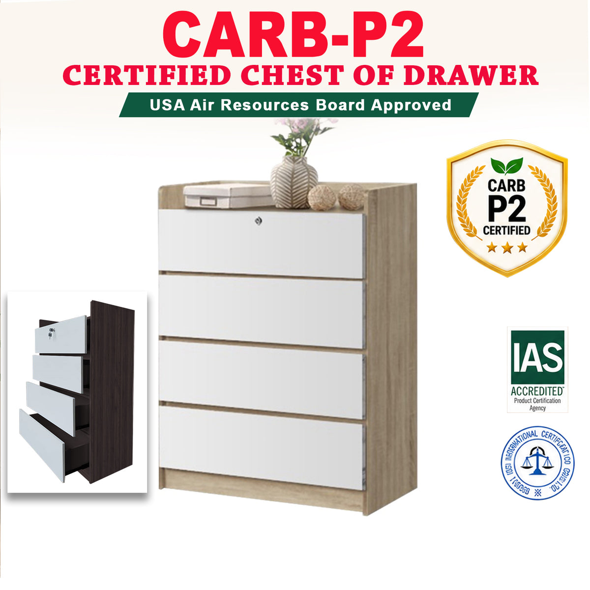 Devin Premium Chest of Drawers CARB-P2 Certified Board Full Laminated Back Panel