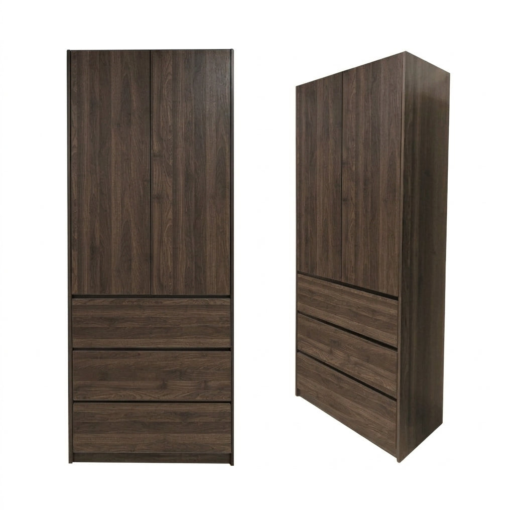 Nolin CARB-P2 Certified Board 2 Door Wardrobe + 3 Layer Drawer Laminated Back Panel