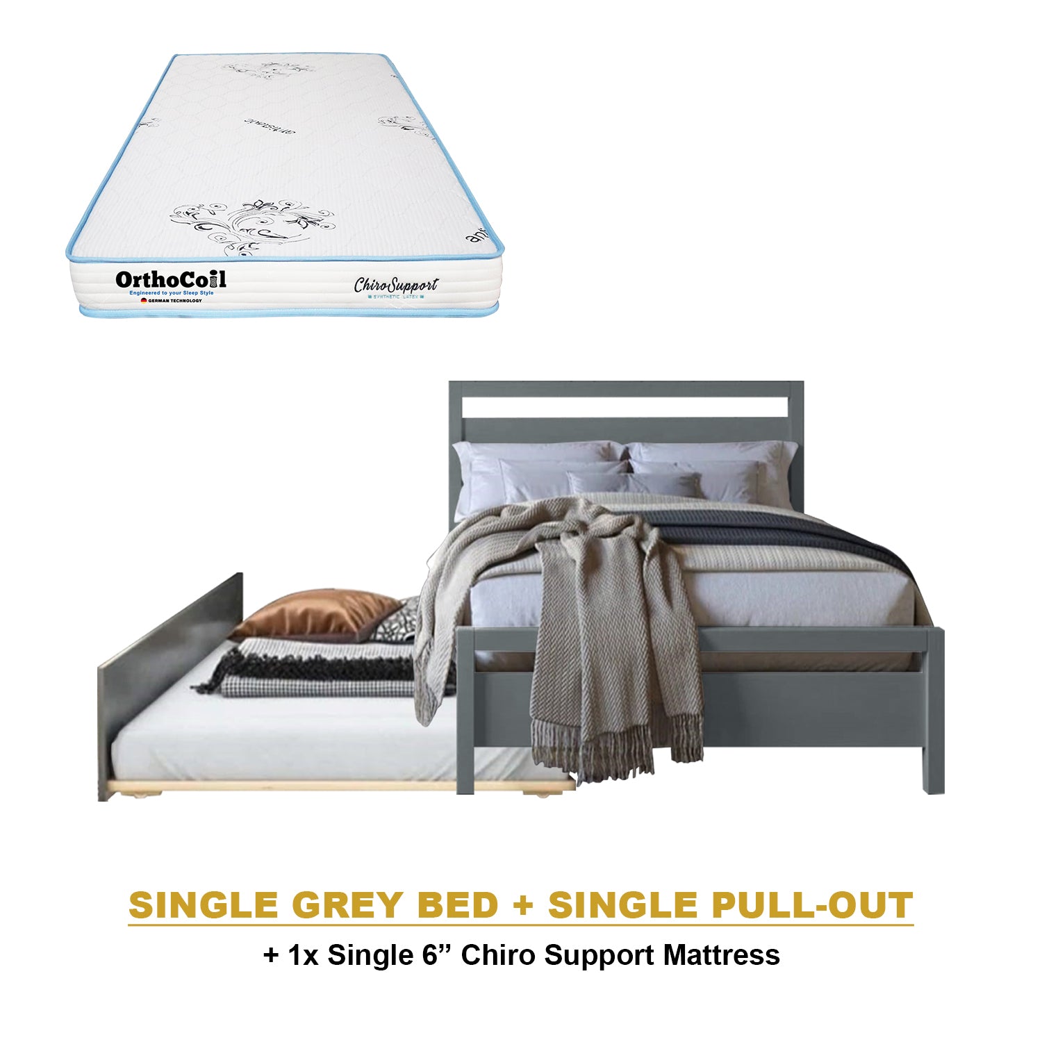Vinna Pull-Out Bed Single/Super Single Solid Rubberwood Bed Frame w/ Mattress Option
