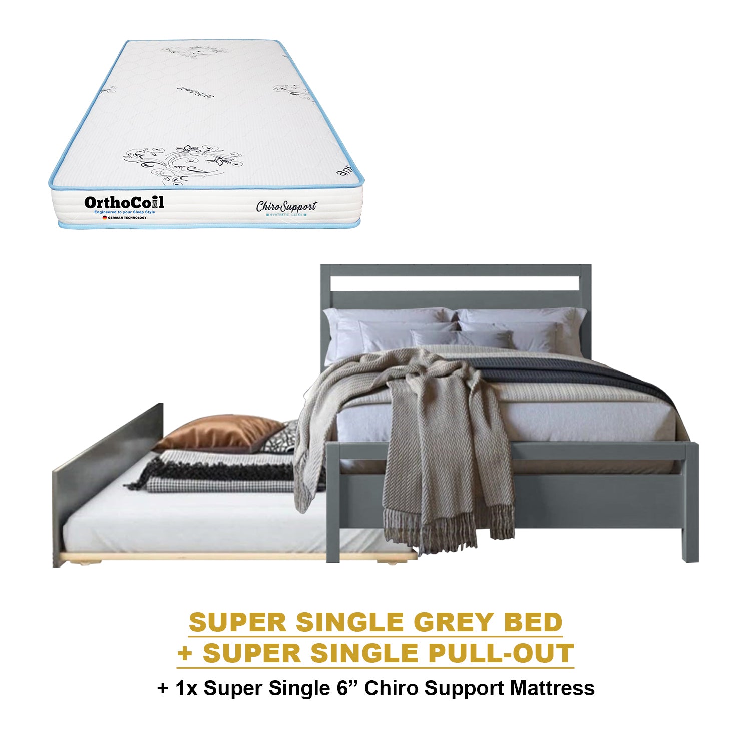 Vinna Pull-Out Bed Single/Super Single Solid Rubberwood Bed Frame w/ Mattress Option