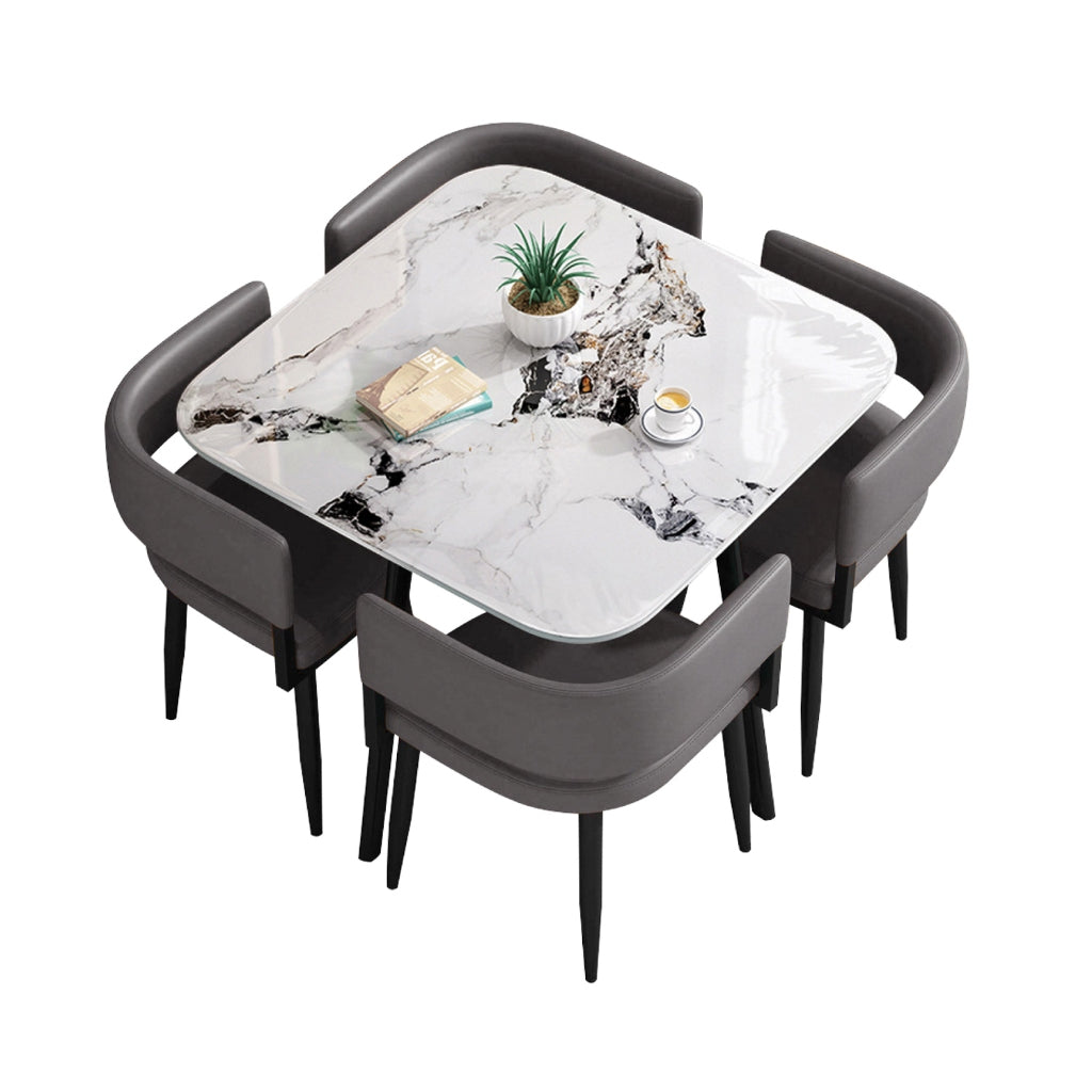 Rachel Dining Set with Curved Edges Sintered Stone Table Top Leather High Density Chair