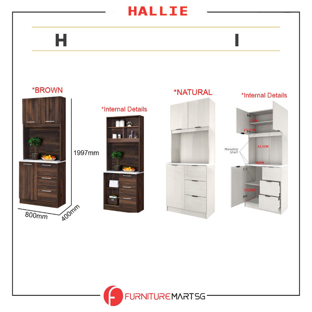 Hallie Series Modular Kitchen Cabinet Melamine Panel Top with Hanging Cabinet in Brown & Natural Color.