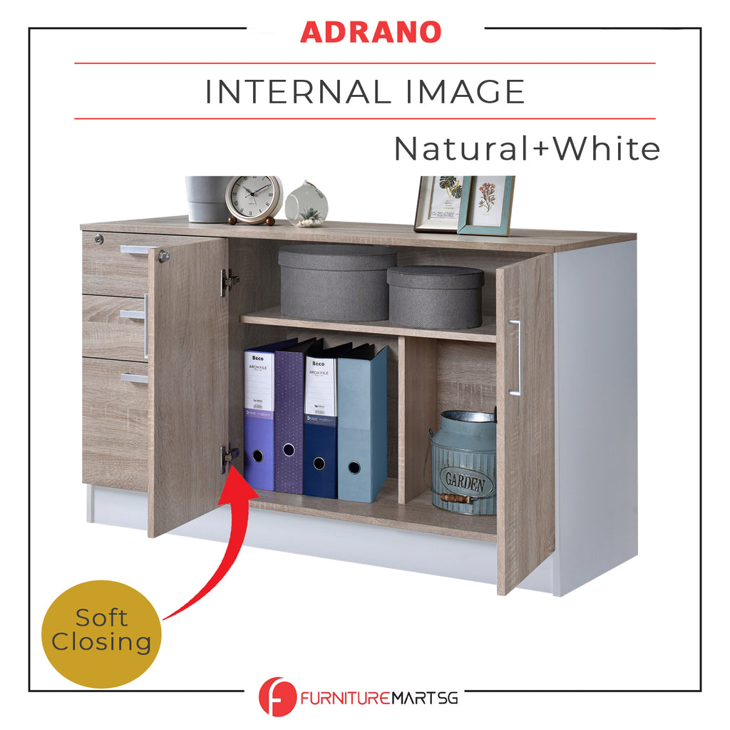 Adrano Sideboard Cabinet Storage Furniture With 3 Drawers 2 Doors with Soft Closing Hinges.