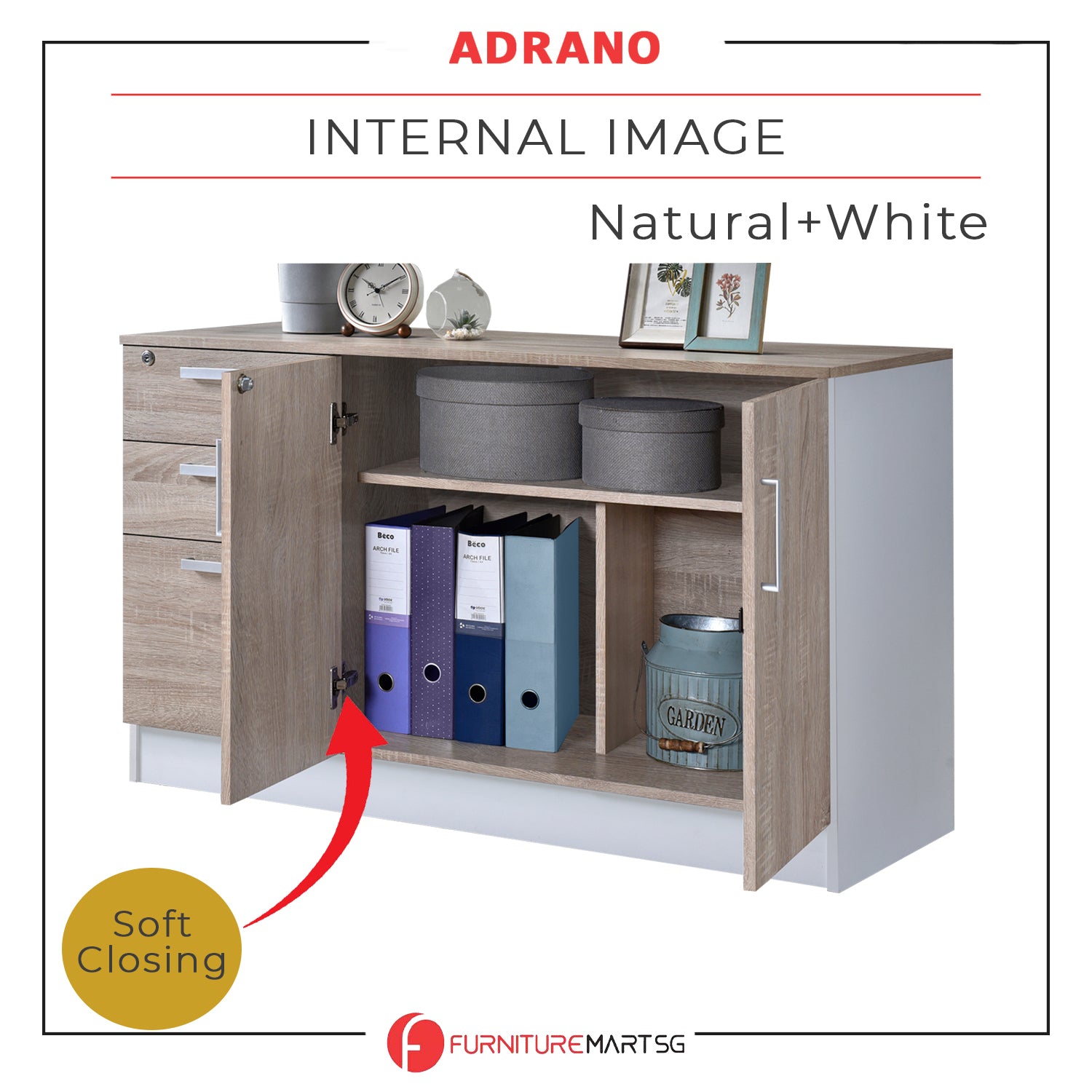 Adrano Sideboard Cabinet Storage Furniture With 3 Drawers 2 Doors with Soft Closing Hinges.