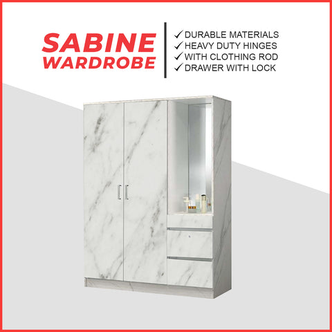 Sabine Wardrobe Dresser Combo with Mirror and Drawers in White Marble Colour