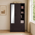 MIORI 2-Door Wooden Wardrobe Modern Clothes Cabinet with Hanging Rod, Drawer & Open Shelf