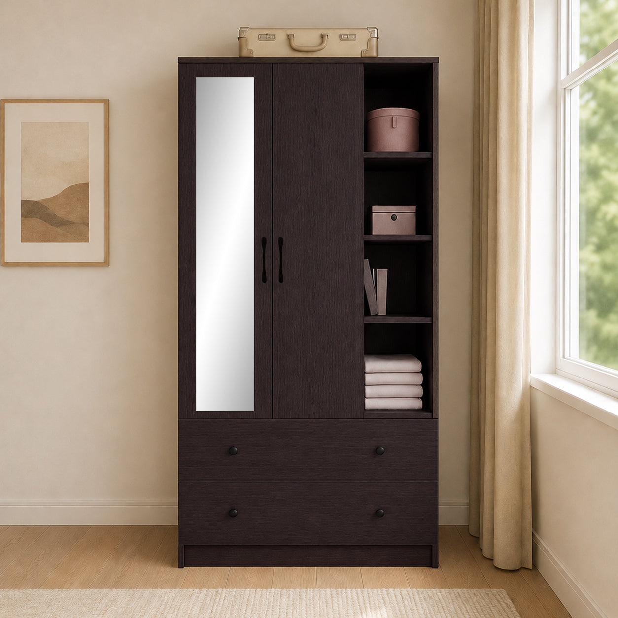MIORI 2-Door Wooden Wardrobe Modern Clothes Cabinet with Hanging Rod, Drawer & Open Shelf