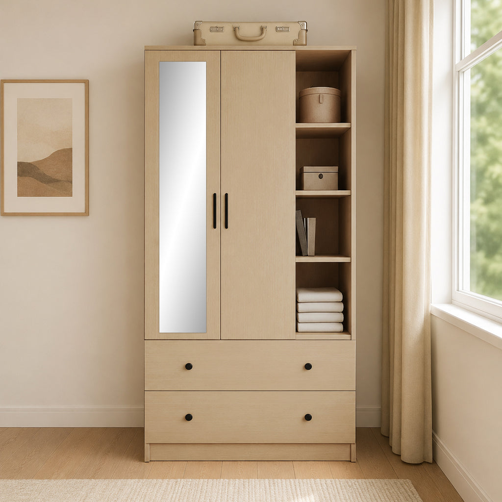 MIORI 2-Door Wooden Wardrobe Modern Clothes Cabinet with Hanging Rod, Drawer & Open Shelf