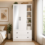 MIORI 2-Door Wooden Wardrobe Modern Clothes Cabinet with Hanging Rod, Drawer & Open Shelf