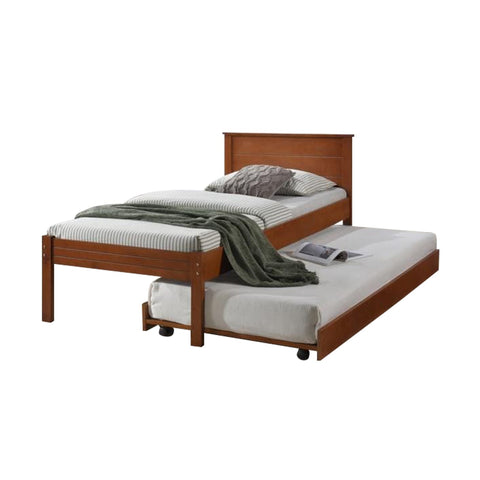 Image of Fisla Solid Rubberwood Bed Frame Flat Plywood Base with Pull-out Bed in Single Mahogany Color