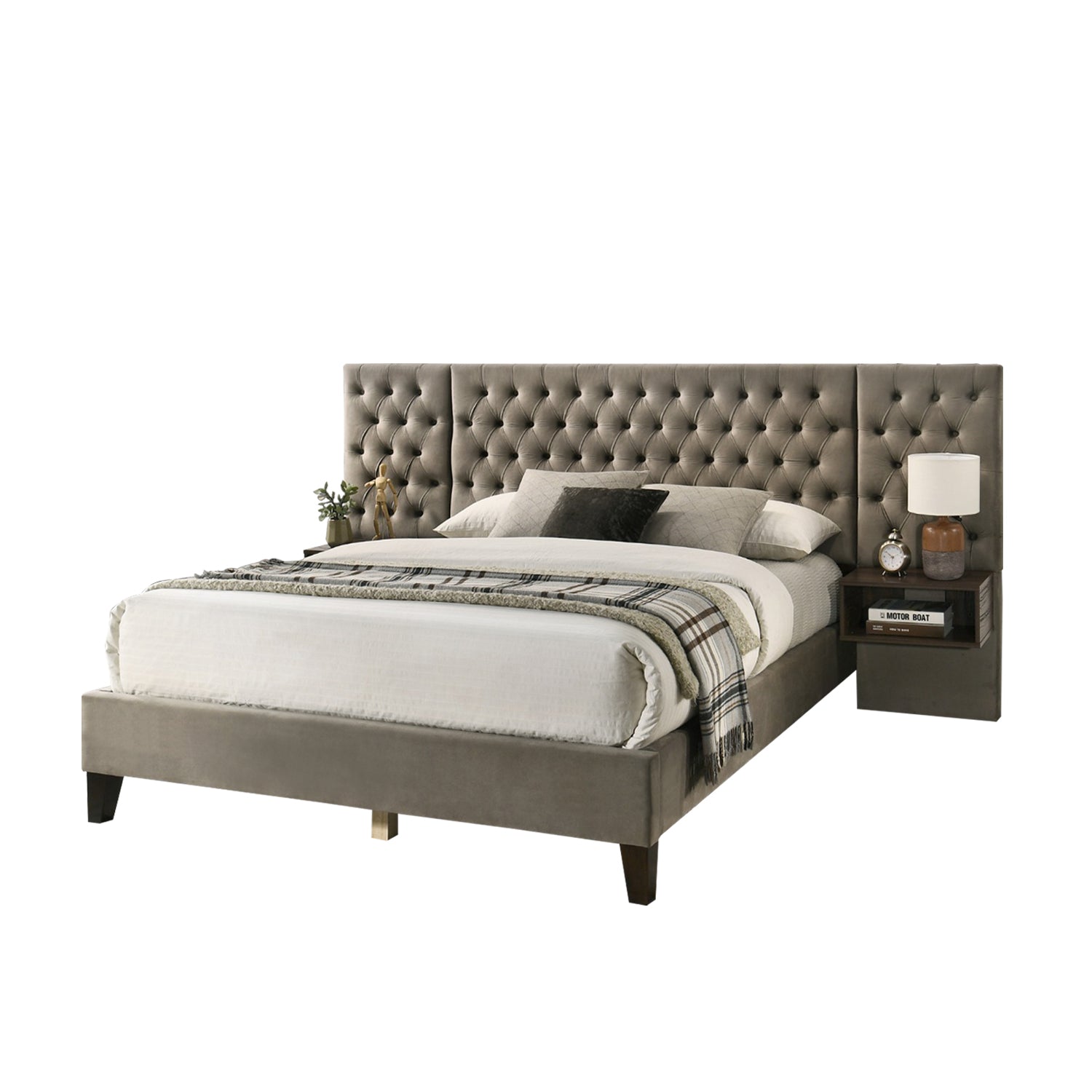 Lucy Queen/King Bed Frame Button Tufted with Side Panels & Floating Side Table in Grey Velvet Fabric