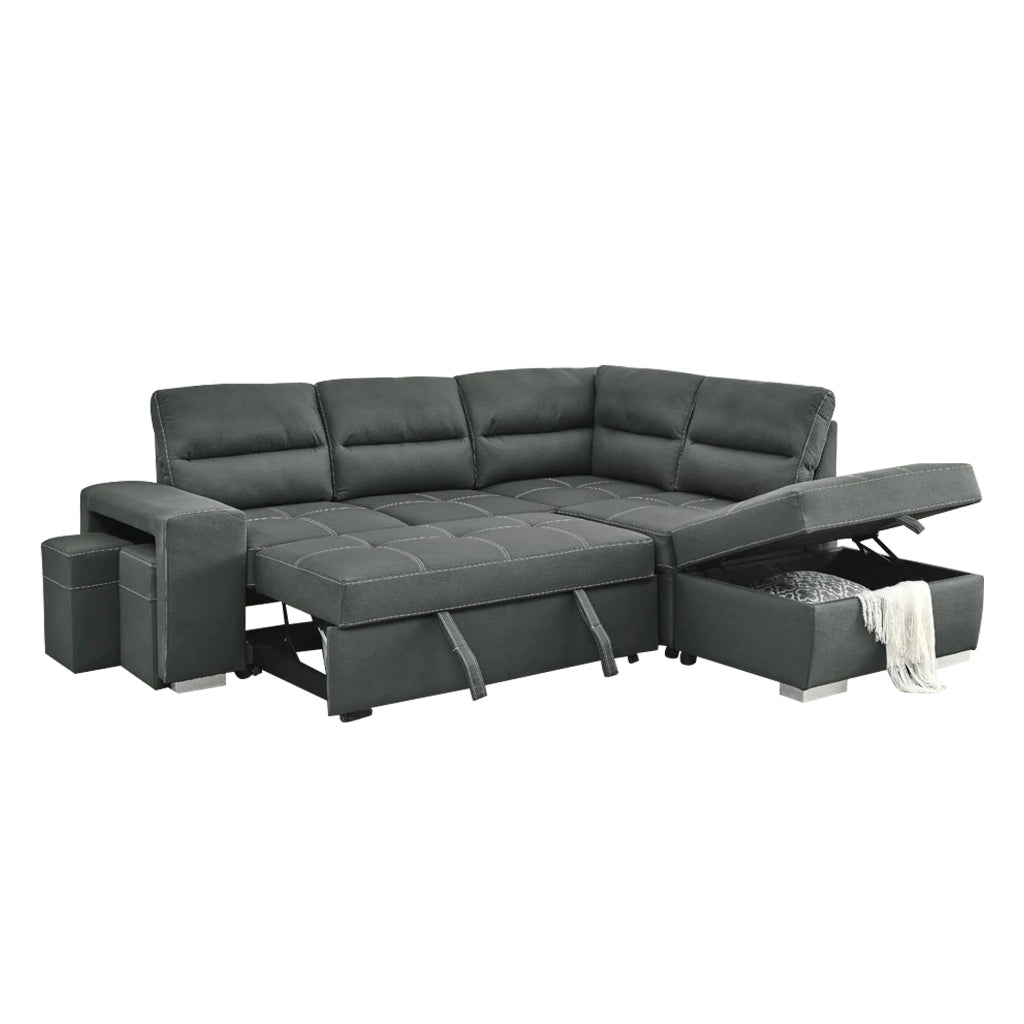 Jaylie Left-Right Reversible Sleeper Sectional Sofa with Ottoman Storage in Grey Pet Friendly Fabric