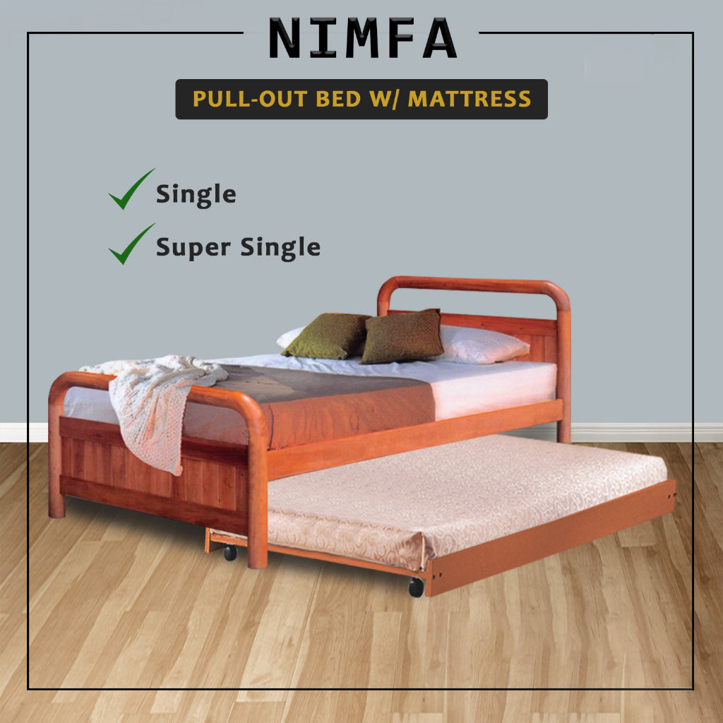 Nimfa Pull-Out Bed Single/Super Single Solid Rubberwood BedFrame w/ Mattress Option