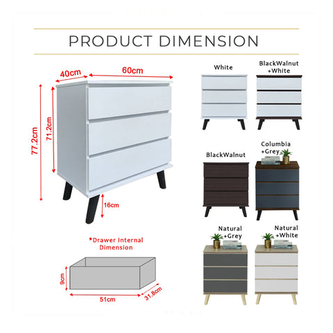 Image of Pachuca Series 1 Premium Chest of 3 Drawers Collection Full Laminated Back Panel in 6 Colours