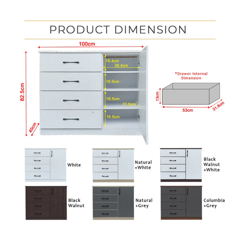 Image of Fredo Premium Chest of Drawers with Cabinet Full Laminated Back Panel in 6 Colours