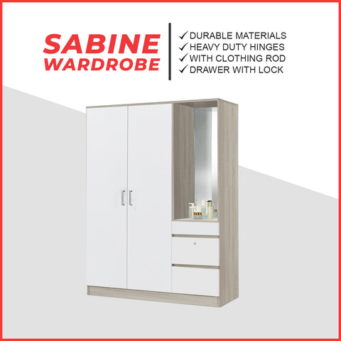 Image of Sabine Wardrobe Dresser Combo with Mirror and Drawers in Natural + White Colour