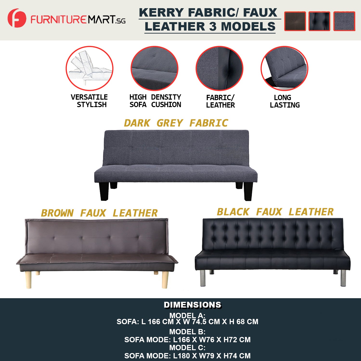 Kerry Fabric and Faux Leather Sofa Bed 3 Models Available