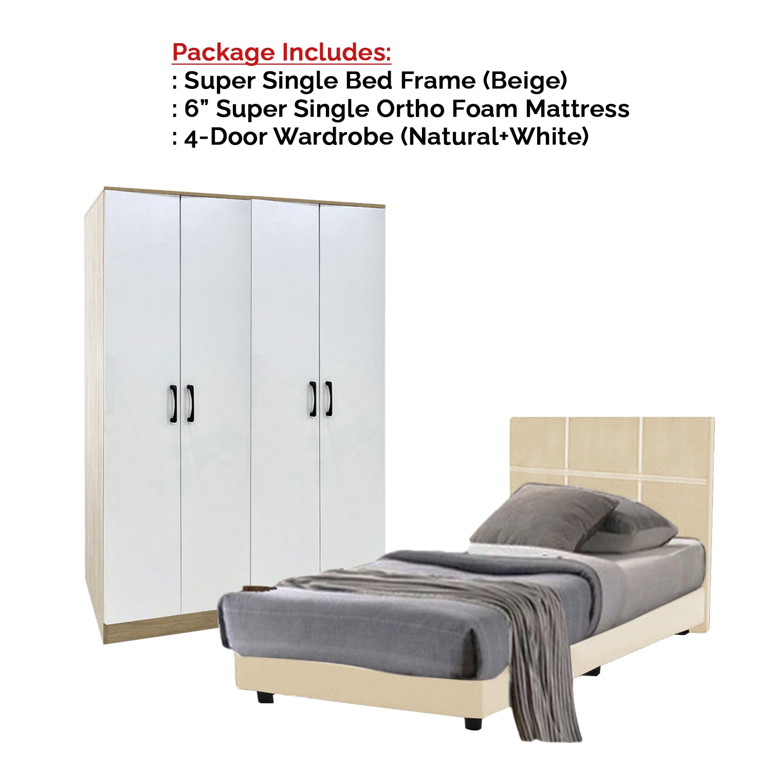 Toluca Bedroom Set Series 7 Includes Wardrobe/Bed Frame/Mattress In Single And Super Single Size.Free Installation