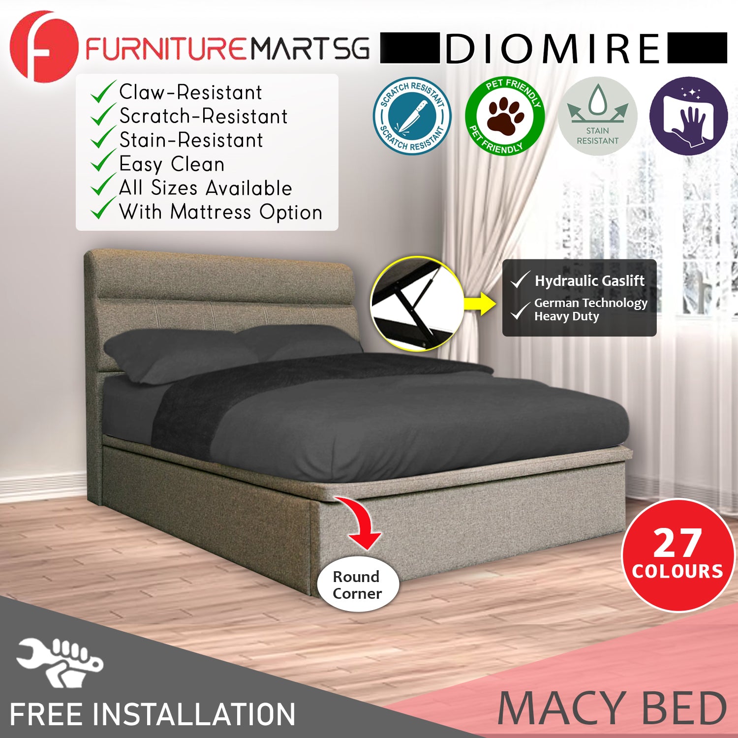 Diomire Macy 14"/16"/18" SBD Storage Bed Pet Friendly Scratch-Resistant Fabric 27 Colours - With Mattress Add-On