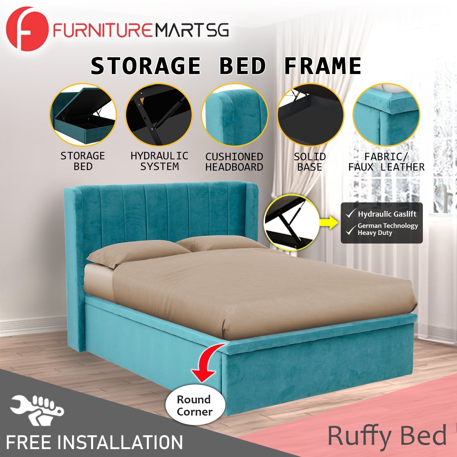 OrthoCoil Ruffy 14" SBD Storage Bed Frame Fabric/Faux Leather in 3 Colours - With Mattress Option