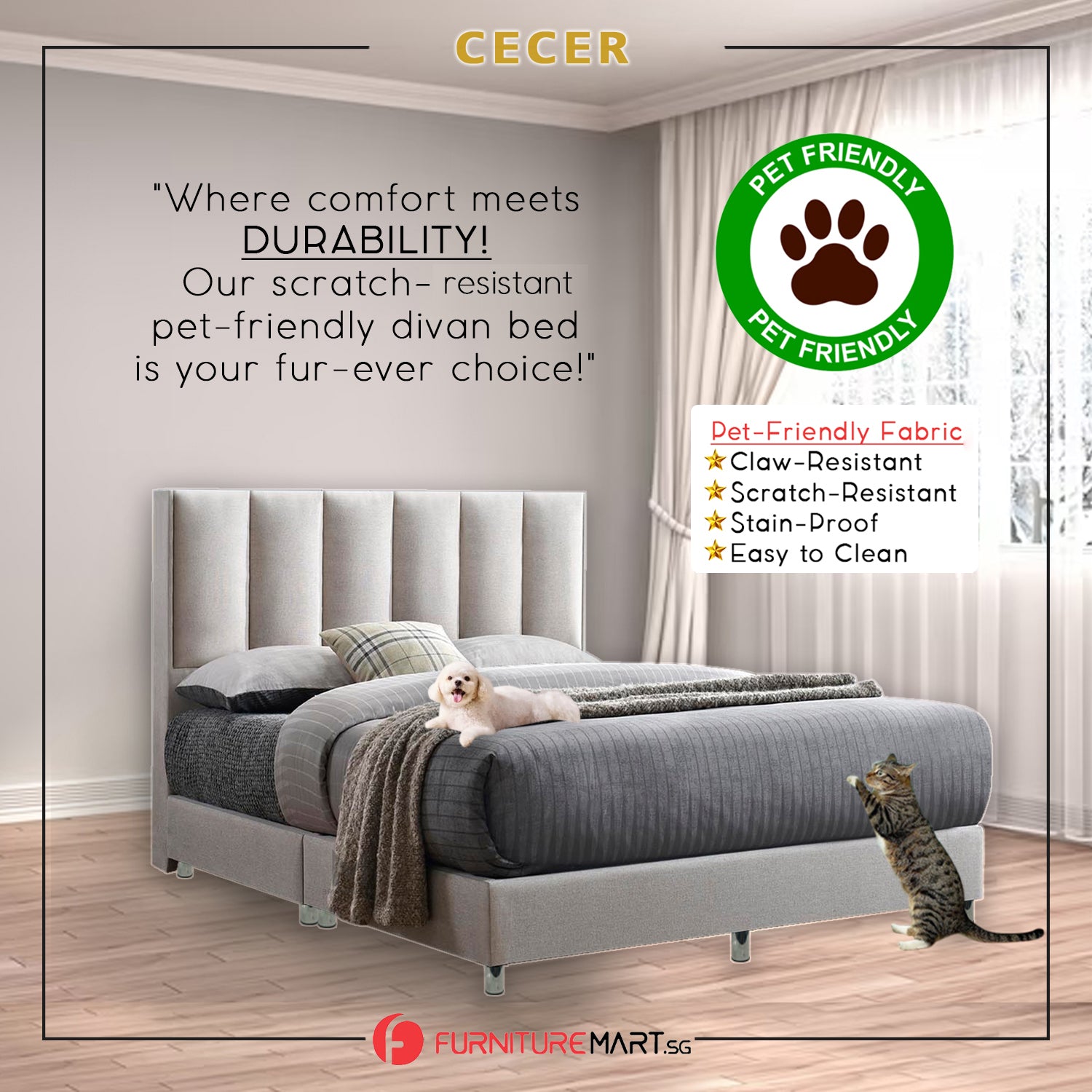 Cecer OrthoCoil Divan Bed Frame Pet Friendly Scratch-Resistant Fabric - With Mattress Add On