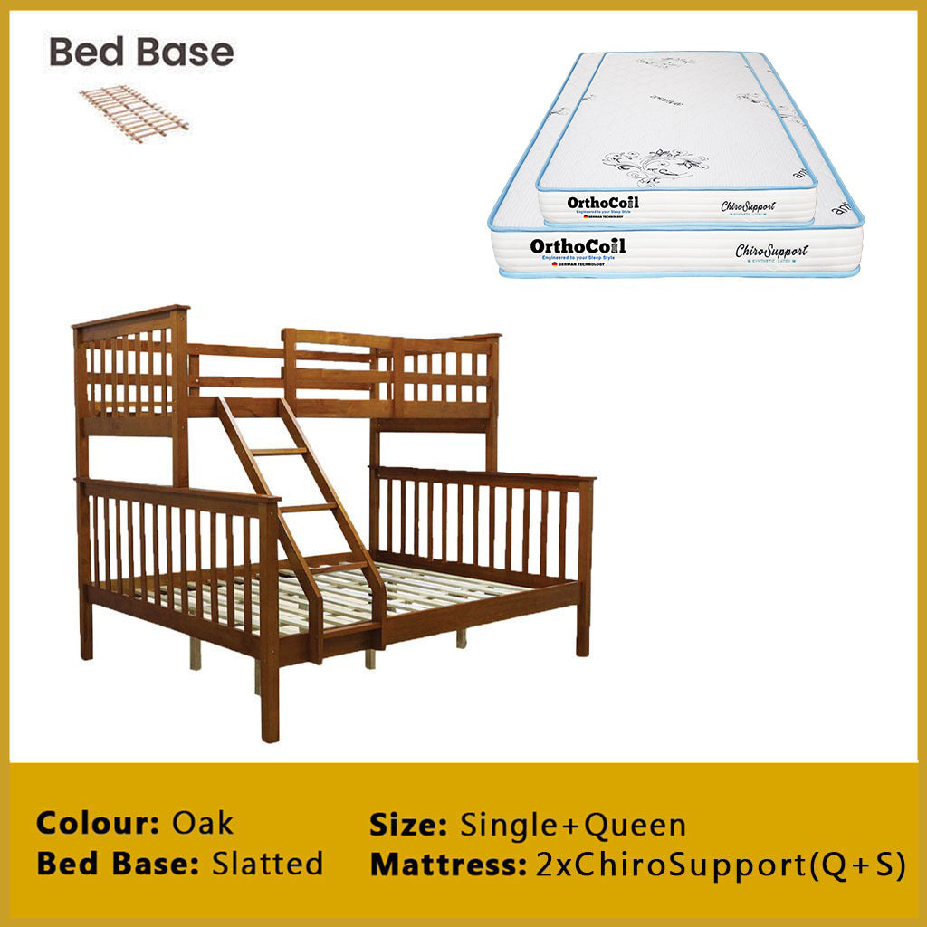 Mayci Queen+Single Solid Wood Slatted Base Double Decker Bed Frame