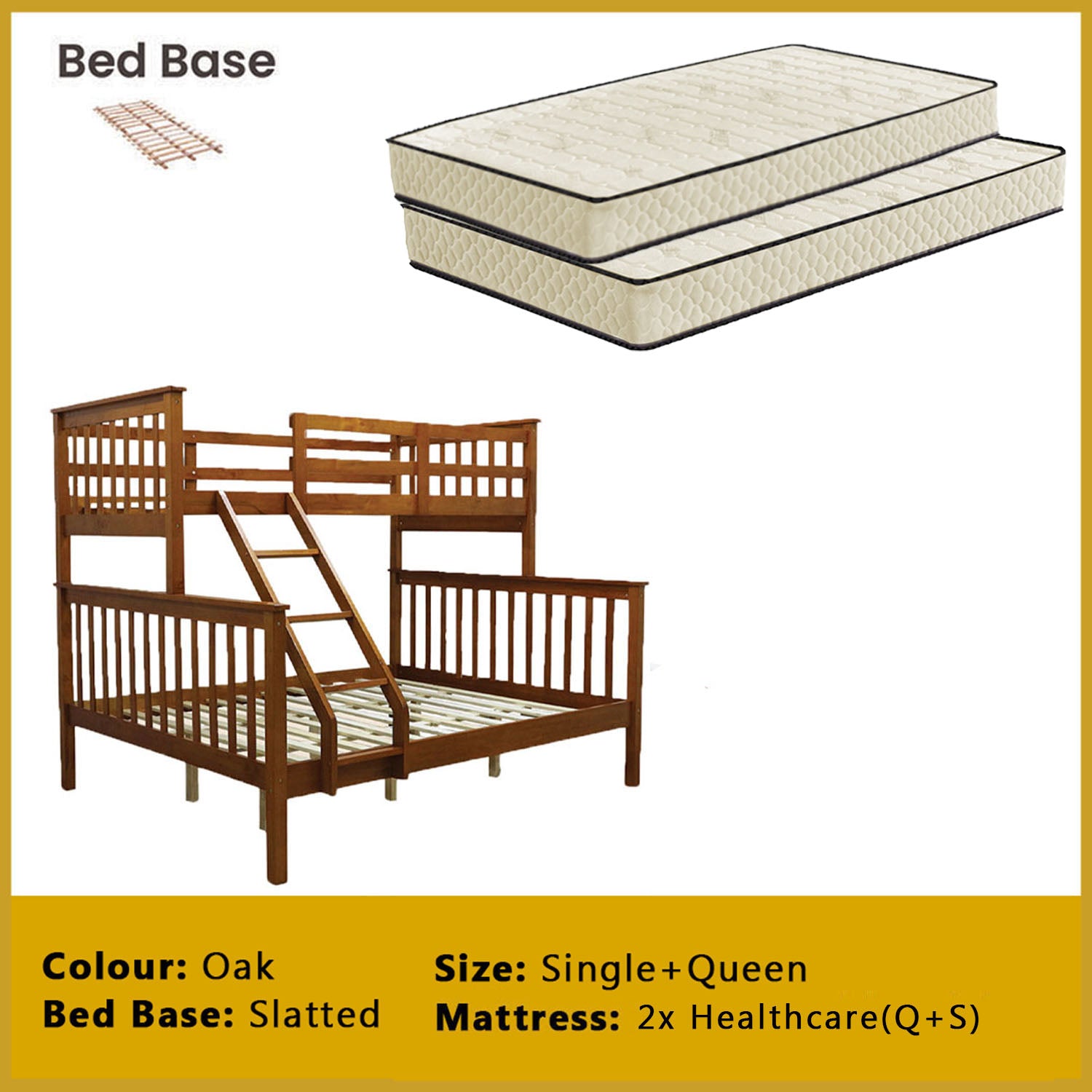 Mayci Queen+Single Solid Wood Slatted Base Double Decker Bed Frame