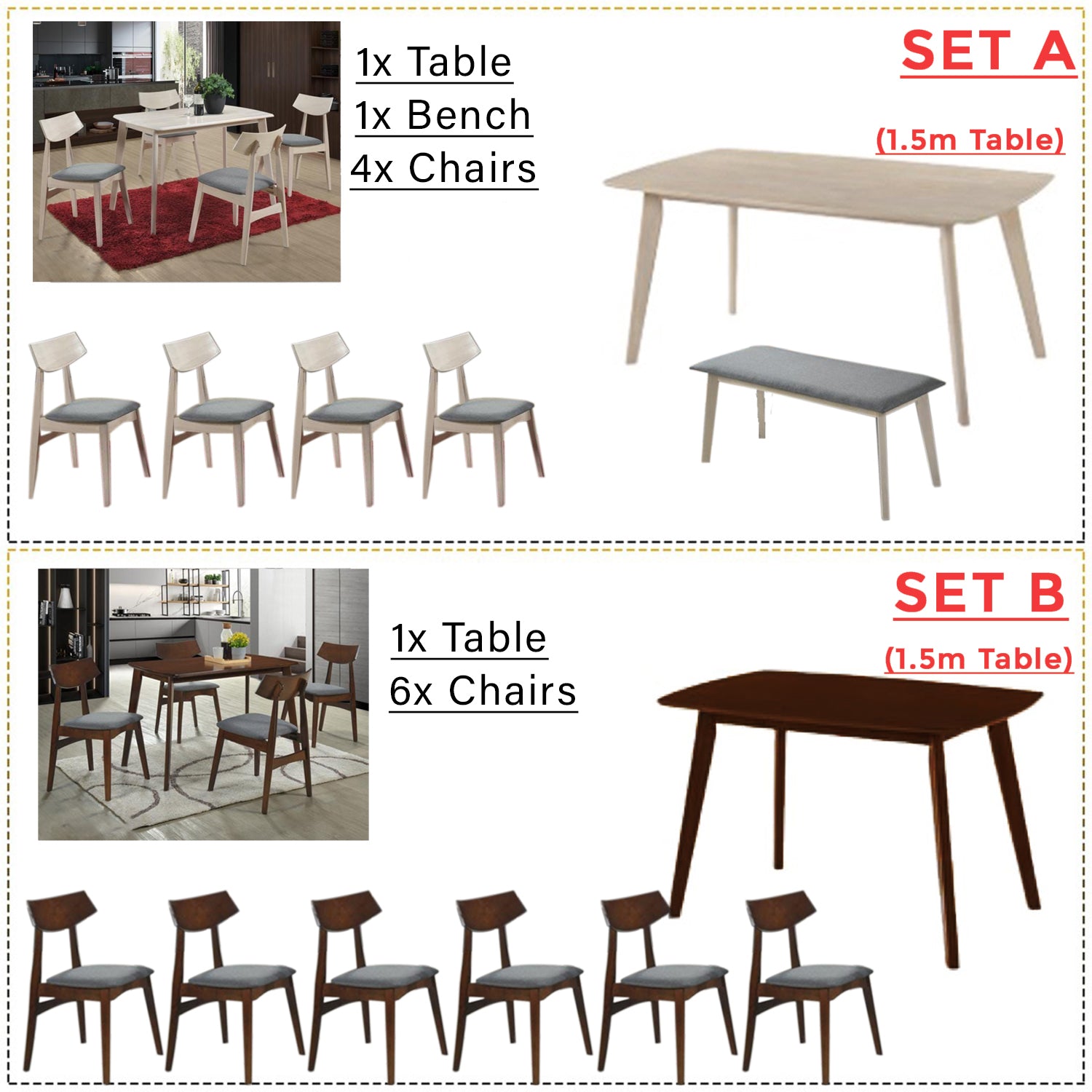 Juventus Dining Set Table with Chair & Bench in Natural Whitewash & Walnut Color
