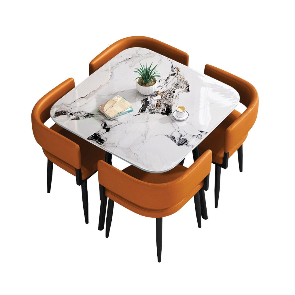Rachel Dining Set with Curved Edges Sintered Stone Table Top Leather High Density Chair