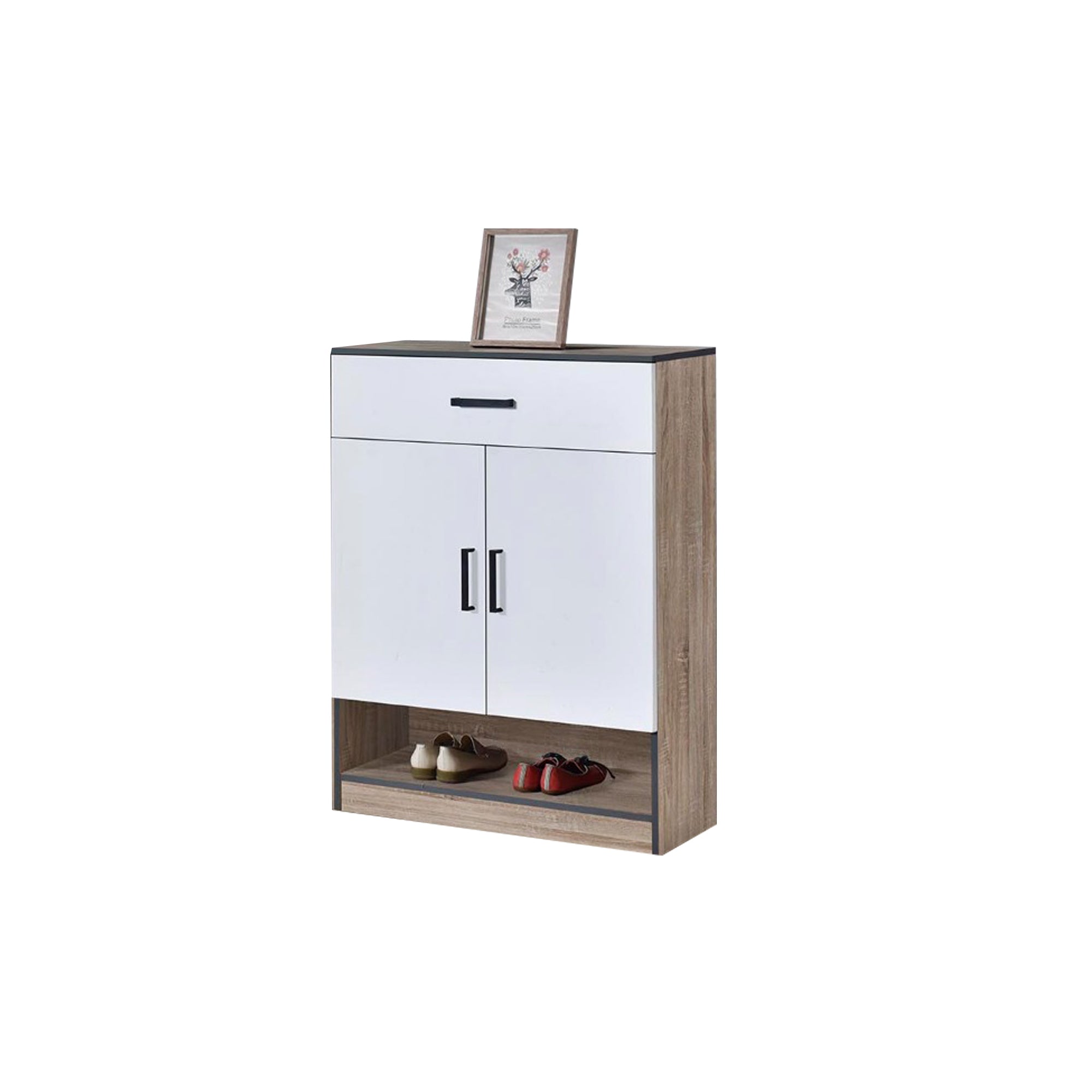 Peony Shoe Cabinet in 4 Layers Shelves with Drawers in Natural+White Colour