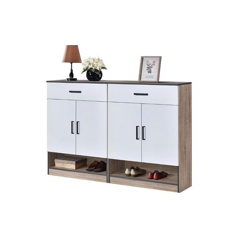 Image of Peony Shoe Cabinet in 4 Layers Shelves with Drawers in Natural+White Colour