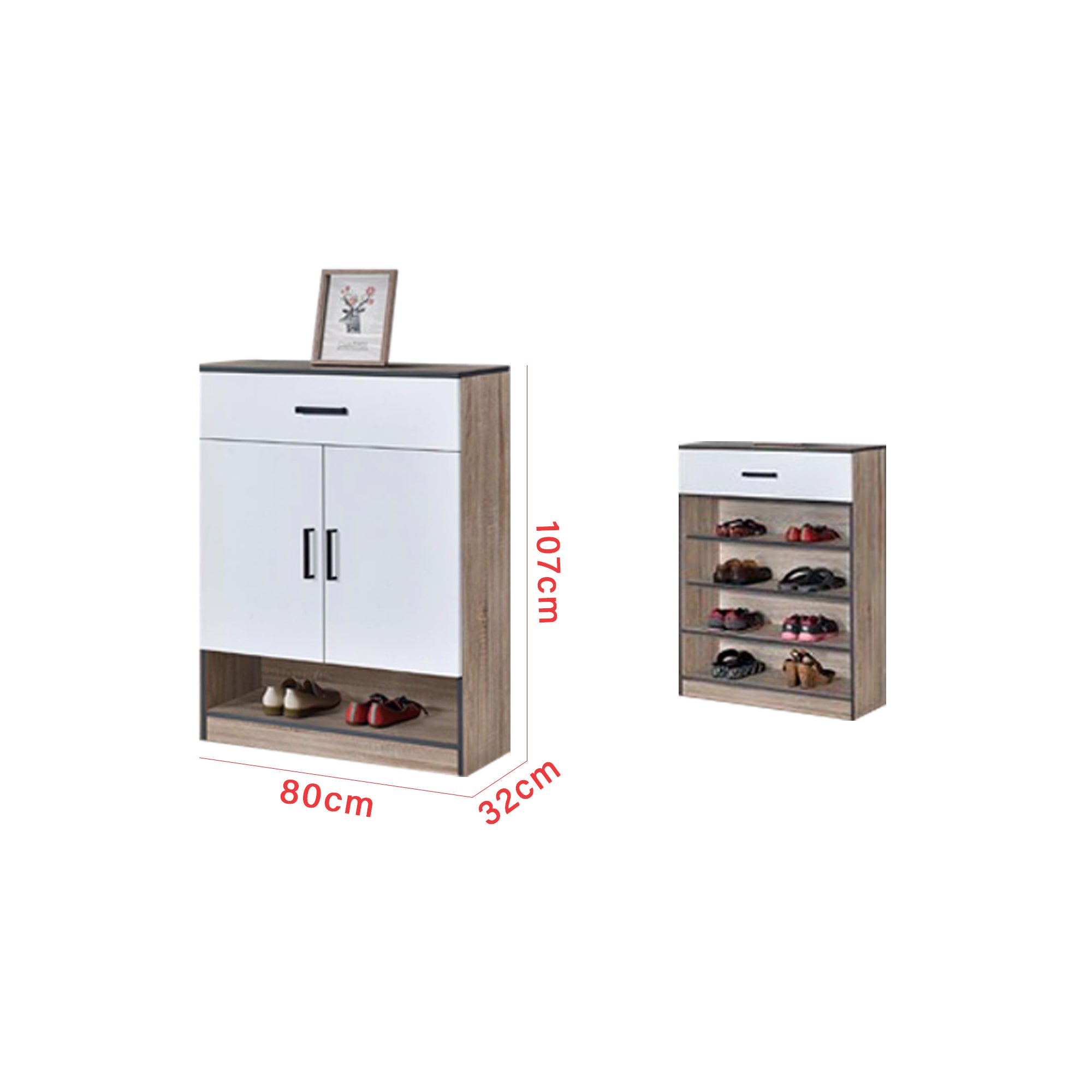 Peony Shoe Cabinet in 4 Layers Shelves with Drawers in Natural+White Colour
