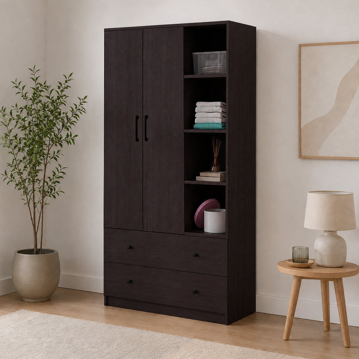 MIORI 2-Door Wooden Wardrobe Modern Clothes Cabinet with Hanging Rod, Drawer & Open Shelf