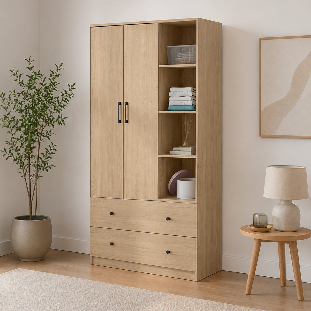 MIORI 2-Door Wooden Wardrobe Modern Clothes Cabinet with Hanging Rod, Drawer & Open Shelf