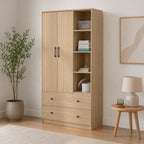 MIORI 2-Door Wooden Wardrobe Modern Clothes Cabinet with Hanging Rod, Drawer & Open Shelf