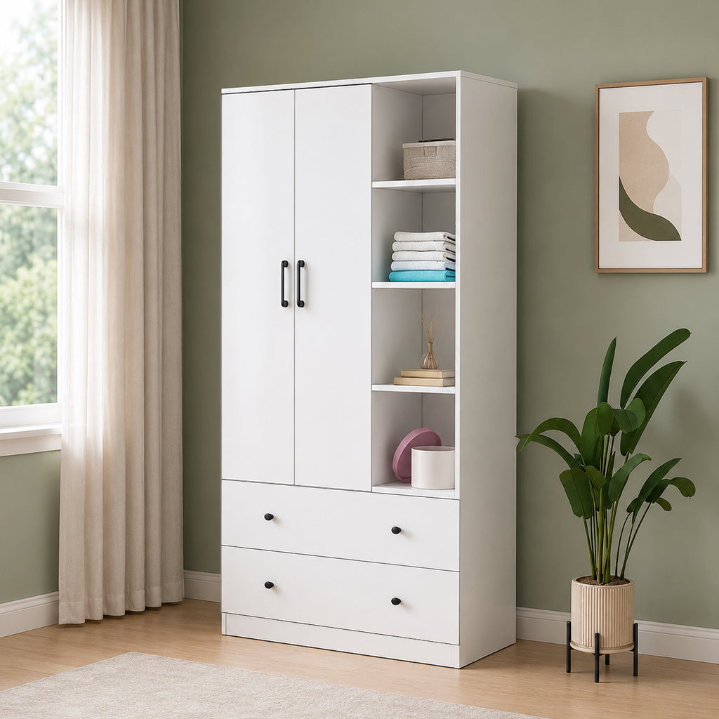 MIORI 2-Door Wooden Wardrobe Modern Clothes Cabinet with Hanging Rod, Drawer & Open Shelf
