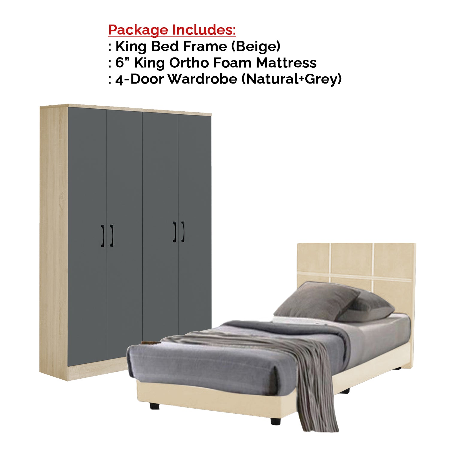 Toluca Bedroom Set Series 8 Includes Wardrobe/Bed Frame/Mattress In Queen And King Size.Free Installation